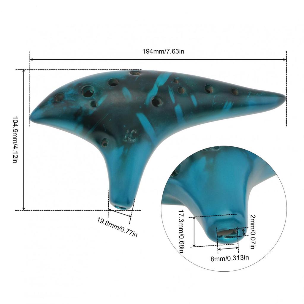 12 Holes Alto Tone C Blue Ceramic Ocarina for Children / Adults / Beginners with Song Book Neck Cord Carry Bag