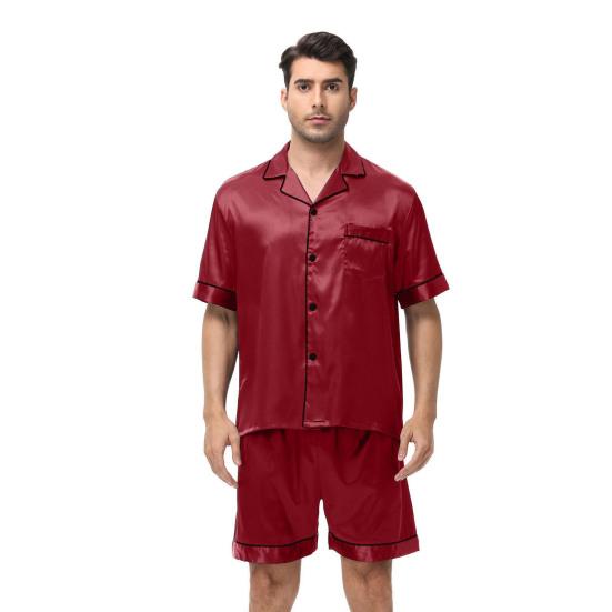 2Pcs/Set Men Pajamas Set Lapel Short Sleeve Single Breasted Tops Elastic Waist Shorts Set Solid Color Satin Sleepwear