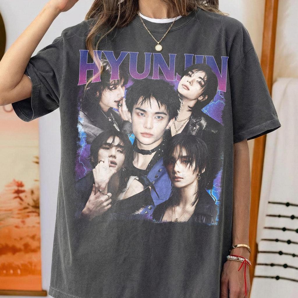 Винтажная футболка с графическим принтом Hyunjin из K-Pop группы, Ретро унисекс футболка для фанатов K-Pop, Мерч с концерта, Одежда кумира