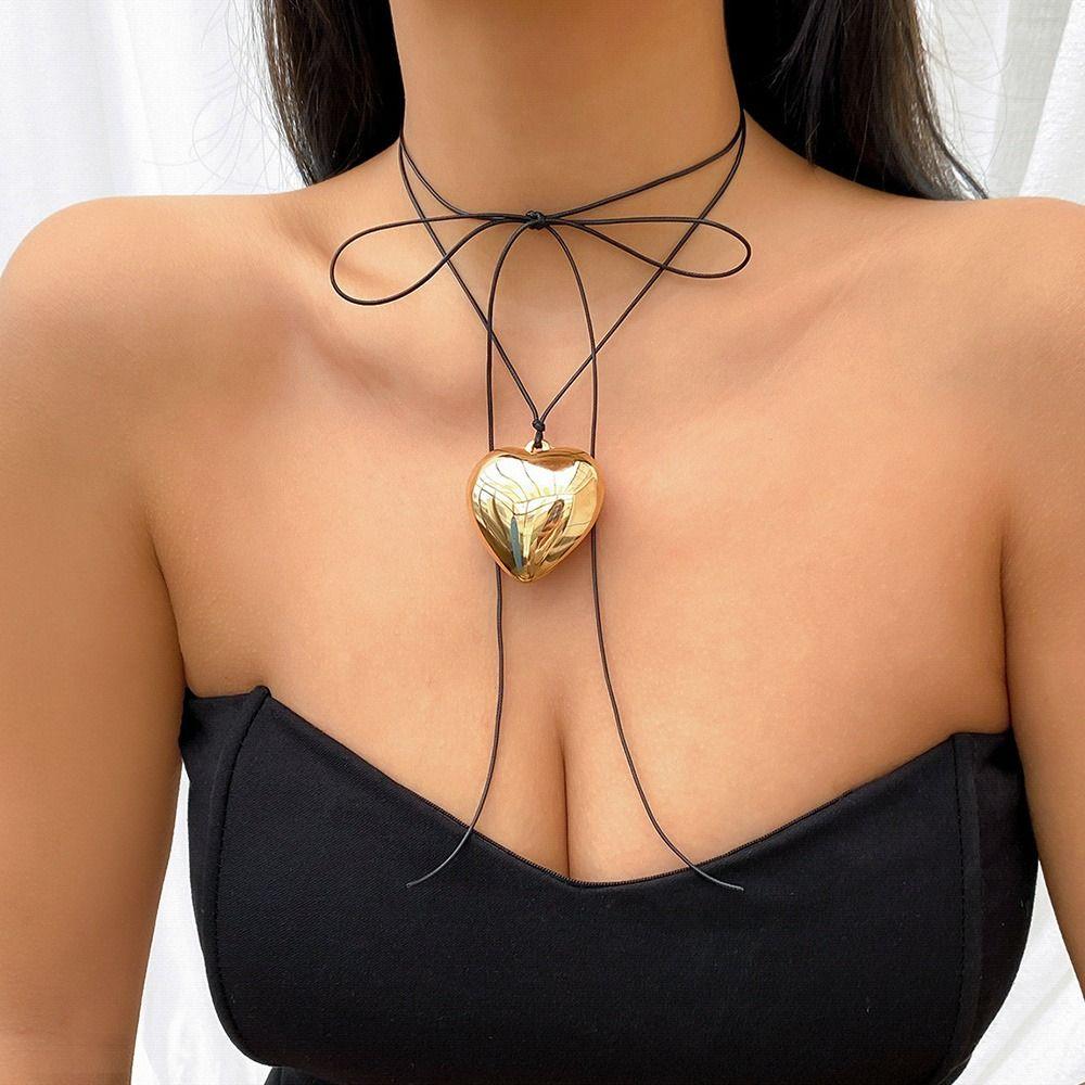 Gift Simple Wax Thread Necklace Heart Pendant Heart Shaped Necklace Neck Jewelry