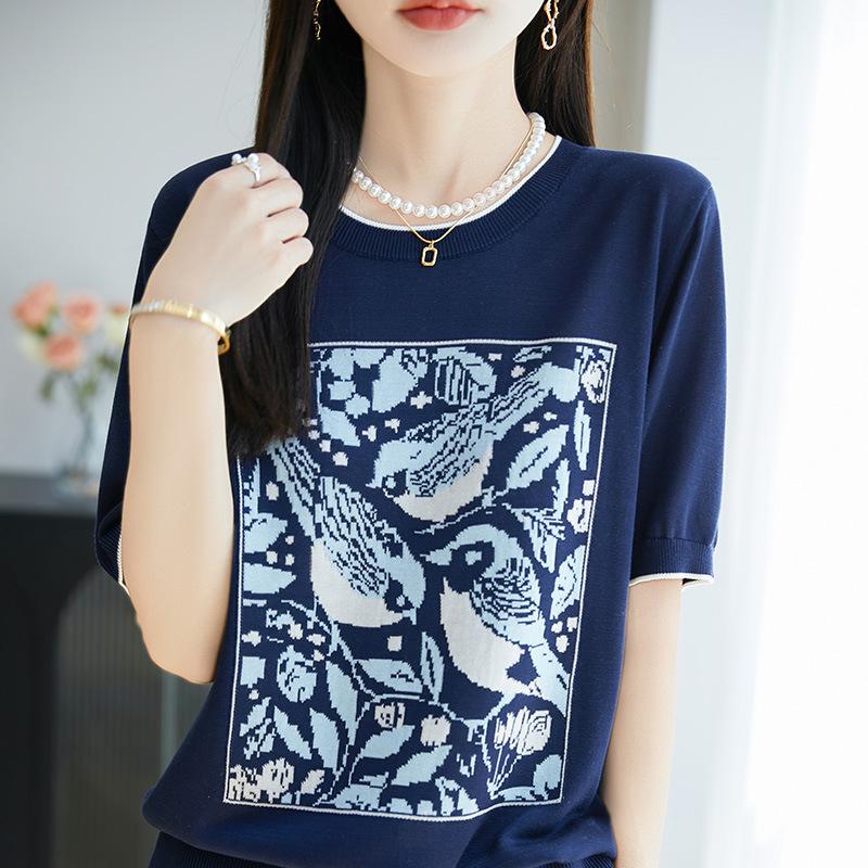 Новый летний топ с принтом сороки, с цветным блочным дизайном, с круглым вырезом и короткими рукавами для женщин, универсальный вязаный свитер