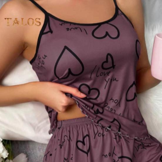 Женский пижамный комплект из 2 шт./компл., с круглым вырезом, без рукавов, с сердечным принтом, на бретелях, эластичный топ с высокой талией и гофрированными краями, шорты свободного покроя, домашняя одежда, жилет, шорты, комплект