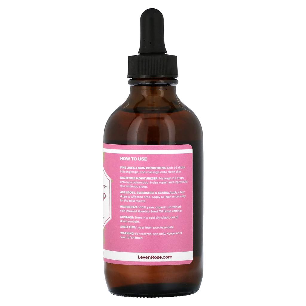 Leven Rose 100% чистое органическое масло шиповника, 4 жидких унции (118 мл)