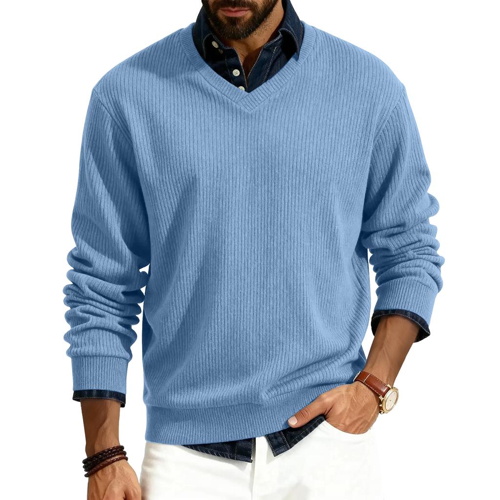 Men's V-neck Long-sleeved Ribbed Knit Pullover