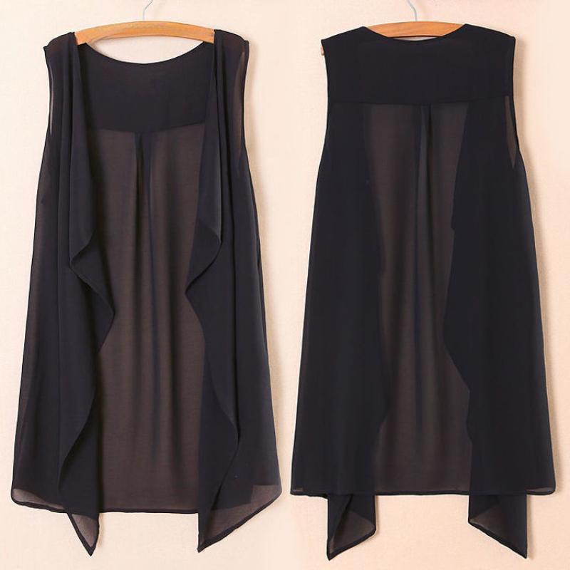 Шифоновые жилеты женские праздничные уличные однотонные черные милые тонкие летние универсальные феи верхняя одежда сексуальная длинная драпированная винтажная открытая строчка