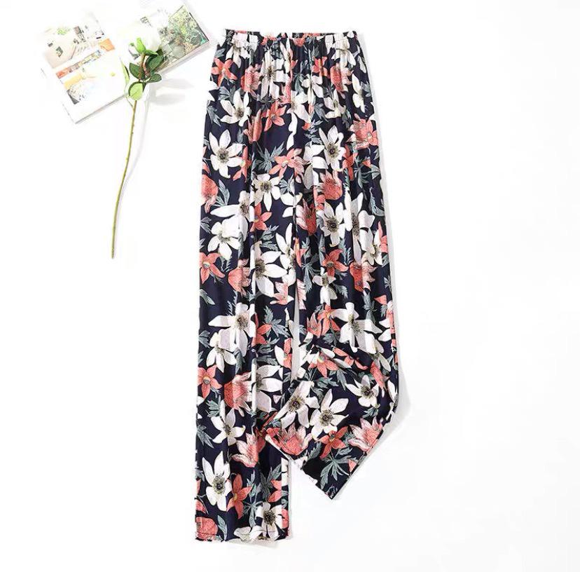 Женские пижамные брюки больших размеров из хлопка и вискозы, с мультяшным цветочным принтом, свободные девятиточечные пляжные брюки, для улицы