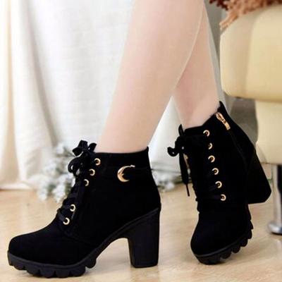 Новинка 2024 года: весенне-зимние женские туфли-лодочки, ботинки высокого качества, европейская женская обувь на шнуровке, ботинки из искусственной кожи на высоком каблуке