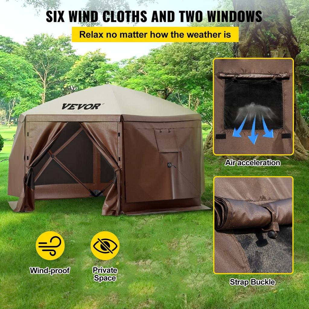 Pop-up Camping Gazebo Camping Canopy Shelter 6 Sided 12' x 12' Sun Shade