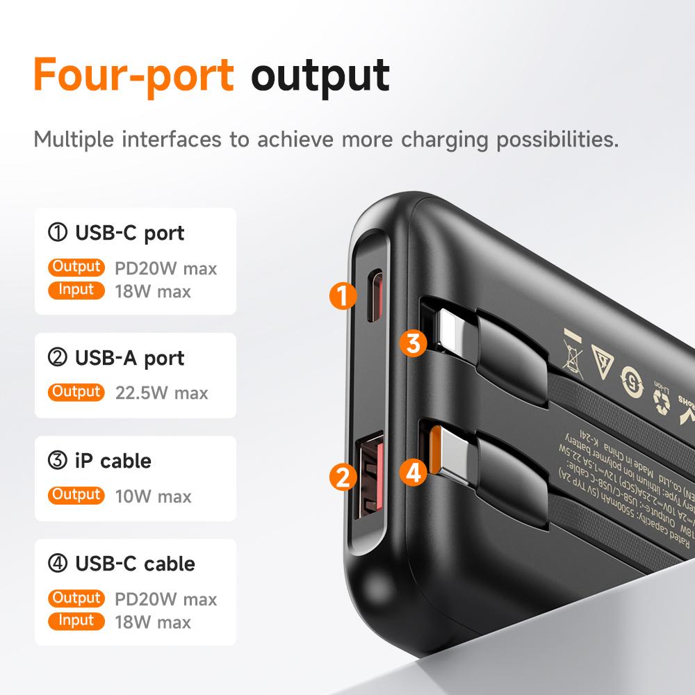 Hoco . Q37 10000 мАч 22.5 Вт Повербанк со встроенными кабелями USB-C/Lightning, быстрая зарядка PD20W, цифровой дисплей