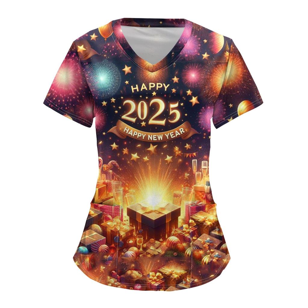 Women's Fashion V-neck Short-sleeved Overalls With Pockets 2025  Christmas Print Top