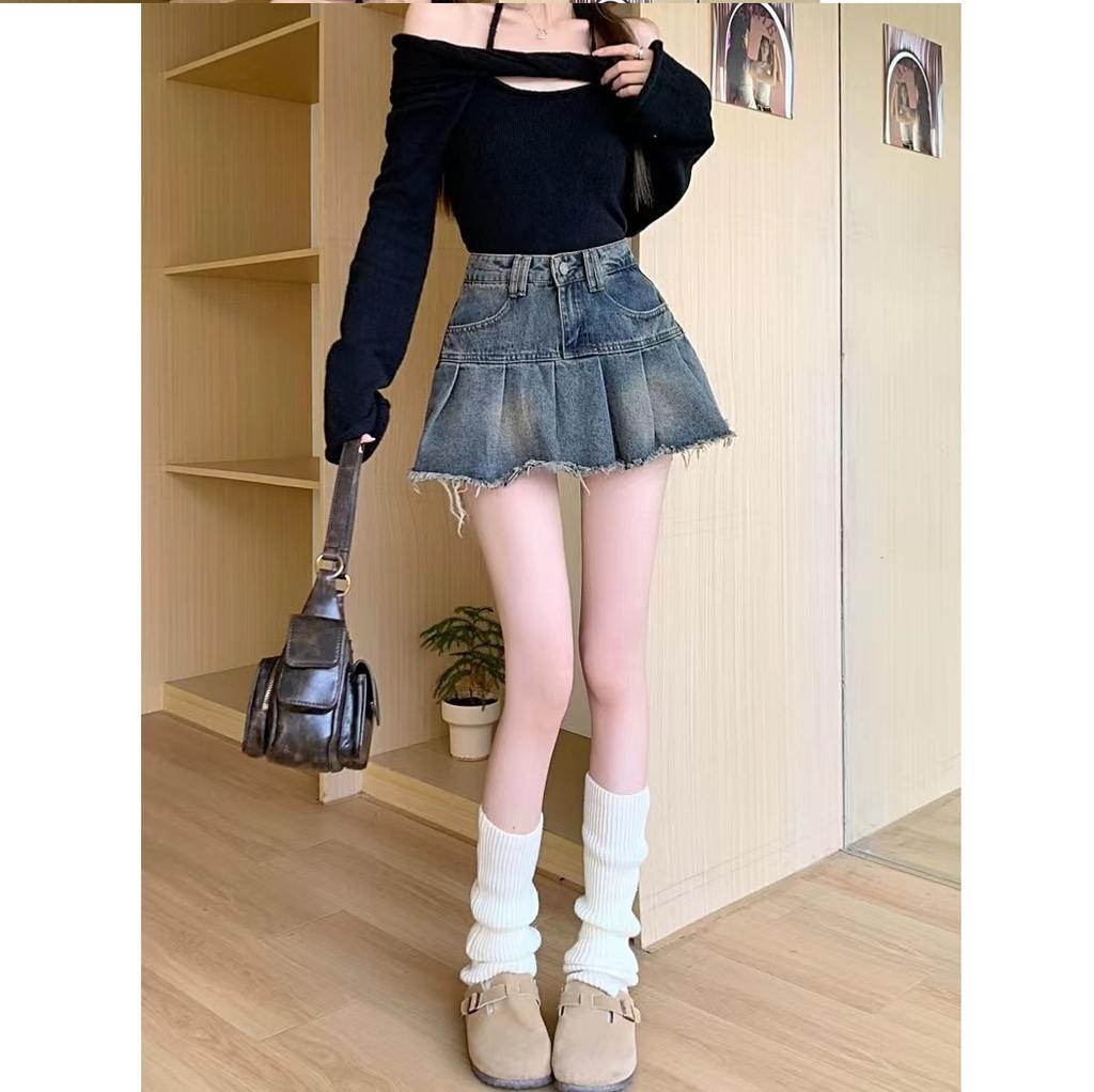 Юбка-плиссе из денима в стиле ретро Spicy Girl для женщин на лето, короткая юбка А-силуэта с высокой талией и антибликовым покрытием, закрывающая бедра