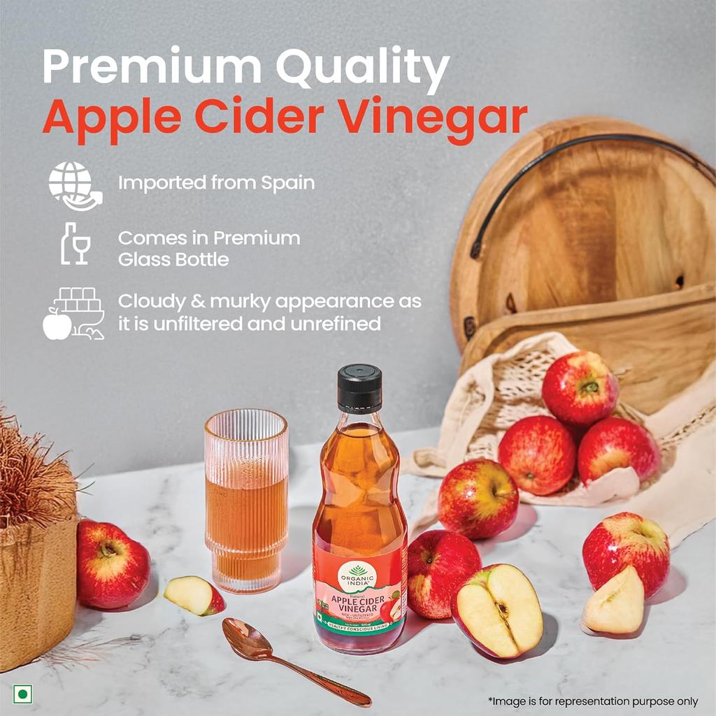 ORGANIC INDIA Apple Cider Vinegar 500ml With Mother Raw Unfiltered Spanish Red Apples Lab Tested