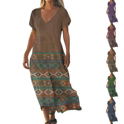 Модное женское летнее пляжное платье с V-образным вырезом и коротким рукавом из хлопка и льна с винтажным цветочным принтом