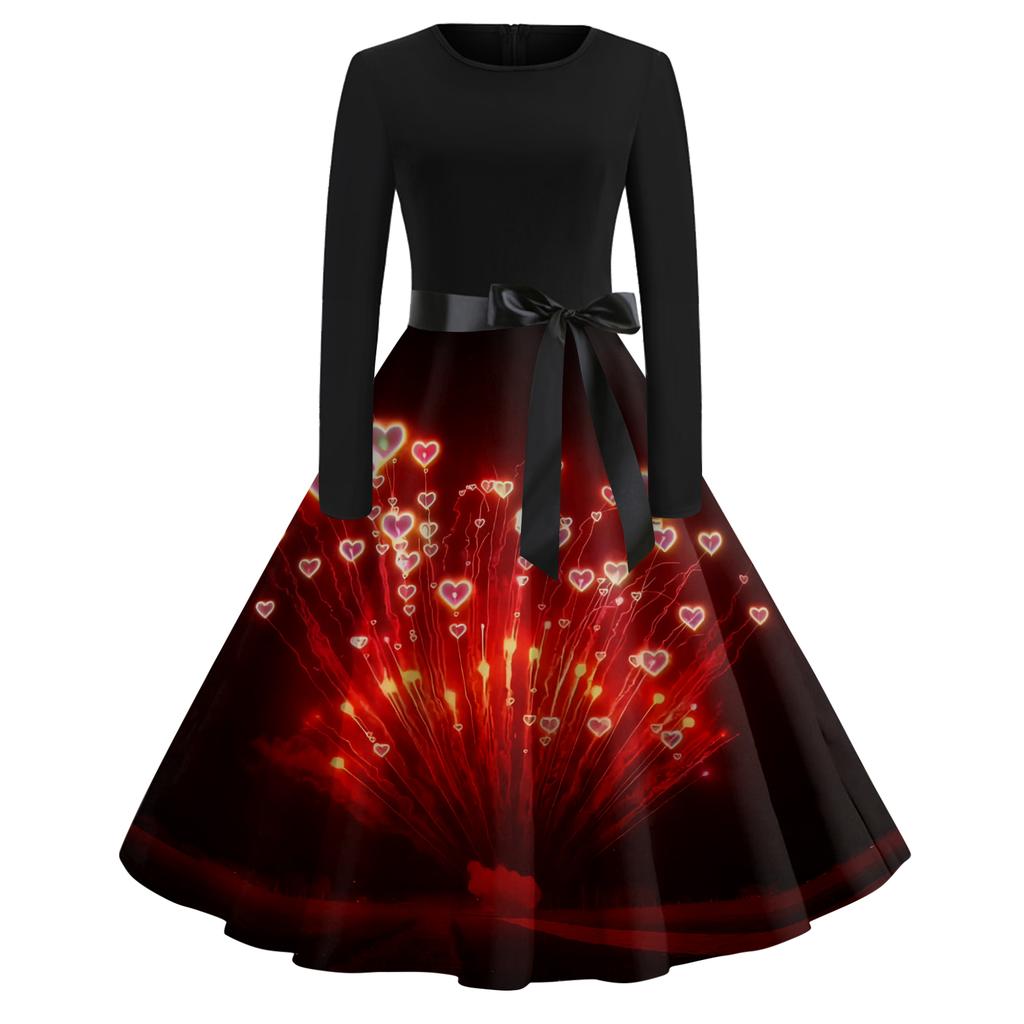 Женское повседневное модное платье с круглым вырезом и длинным рукавом с новогодним принтом в ретро-стиле