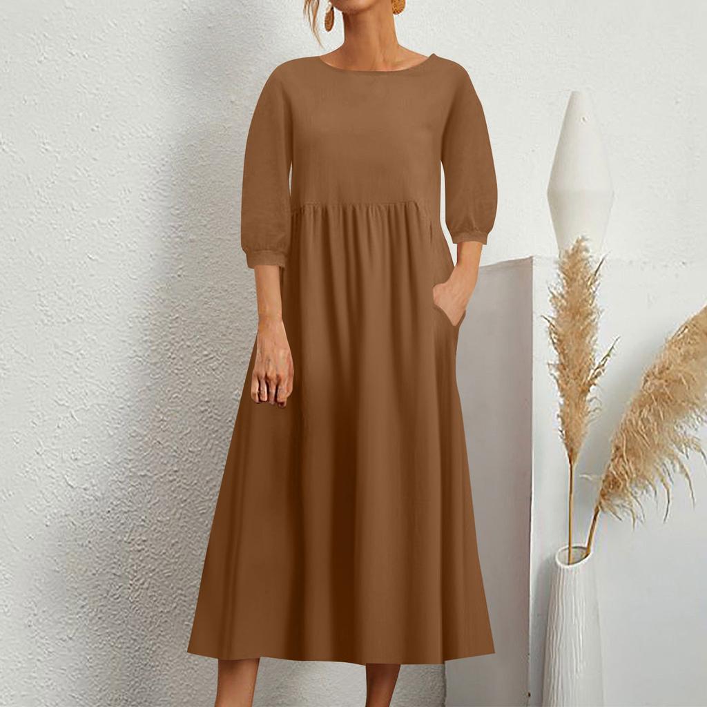 Женское модное однотонное свободное хлопково-льняное длинное платье с карманами и средними рукавами