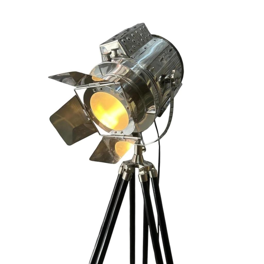 Chrome Finish Black Wood Tripod Floor Lamp - 70 Inch Industrial Nautical Spotlight - Designer Home Decor Searchlight
