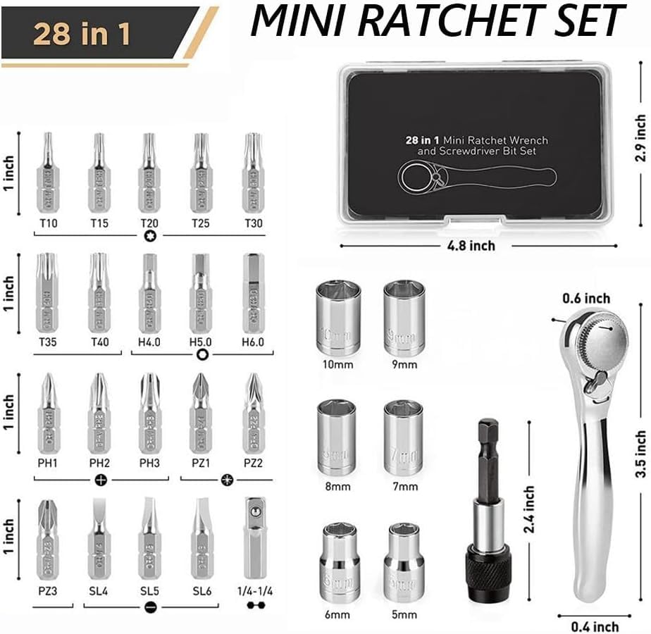 Набор мини-трещотки Bestgle с насадками, маленькой реверсивной трещоткой и кейсом для хранения для ремонта бытовой техники, 28 предметов, 72 зуба