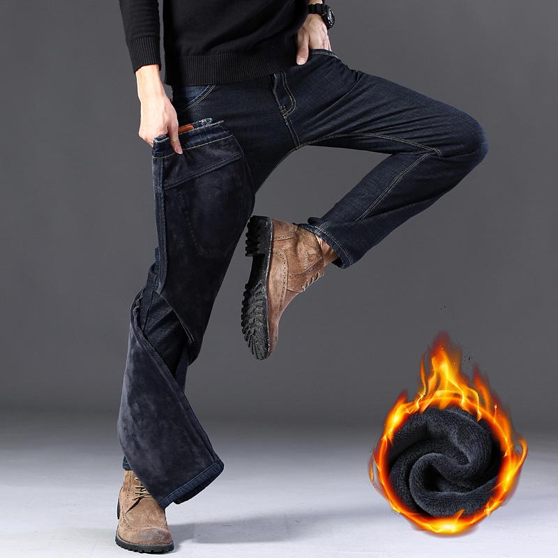 Мужские флисовые джинсы Зимние Новые Большие размеры Толстые Теплые Прямые Стрейч Мужские Деловые Повседневные Рабочие Джинсовые Утепленные Брюки