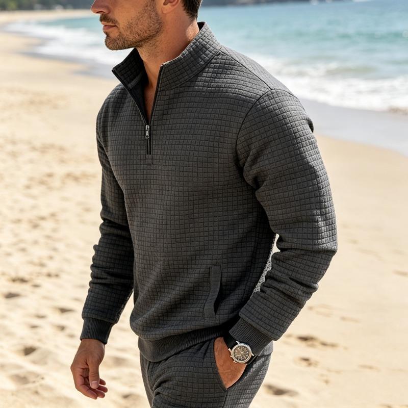 Men S Autumn Winter Stand Collar Pullover Sweatshirt Jacquard Plaid Loose Fit