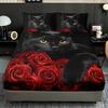 Breathable Black Cat and Red Roses Bedding Set Polyester Animal Print Sheet Pillowcase Sets with Fitted Sheet and Pillowcases