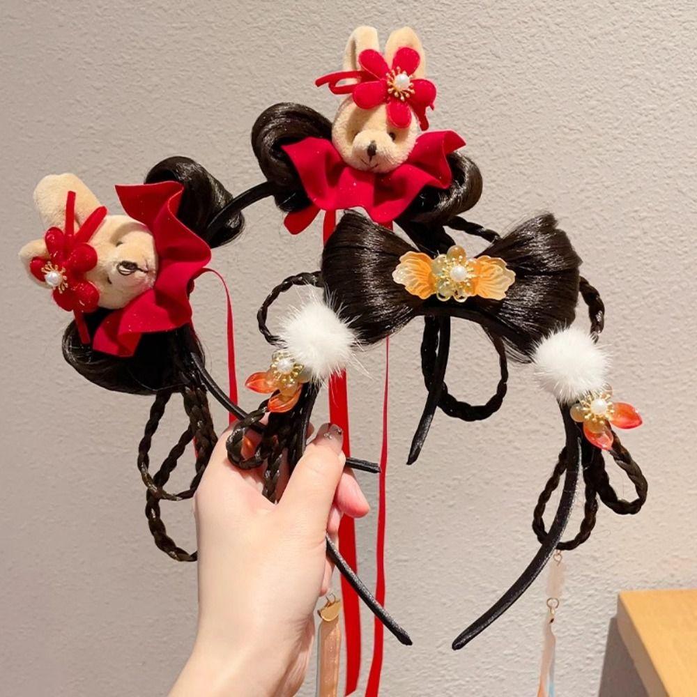 Braid Hair Chinese New Year Headwear Flower Hanfu Hair Sticks All-match Red Bow Hairband Girls