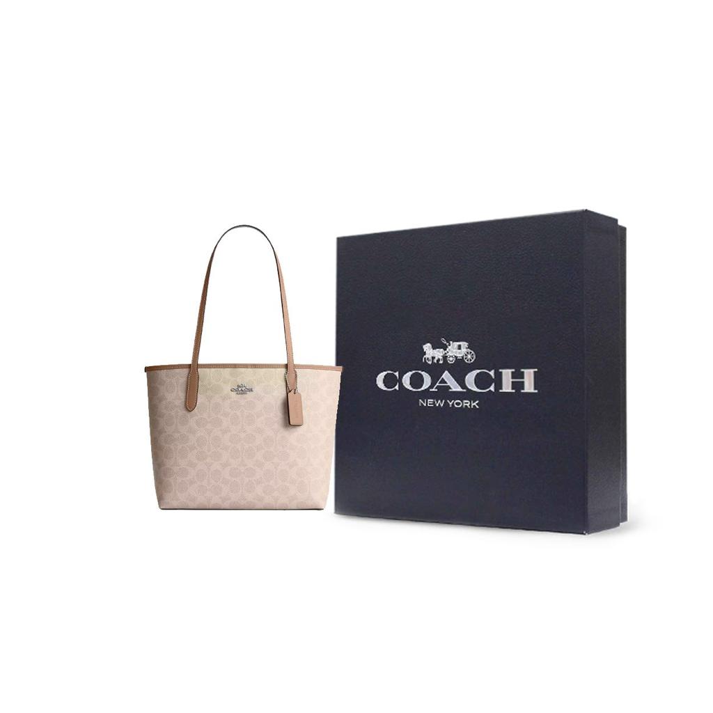 Coach Тканевая сумка-тоут с покрытием и логотипом города Женские сумки-тоут Серо-коричневая CDX82-SVPWH