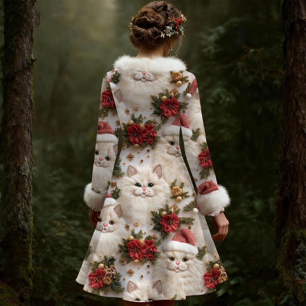 Женское повседневное платье с V-образным вырезом, рождественским принтом, плюшевыми длинными рукавами