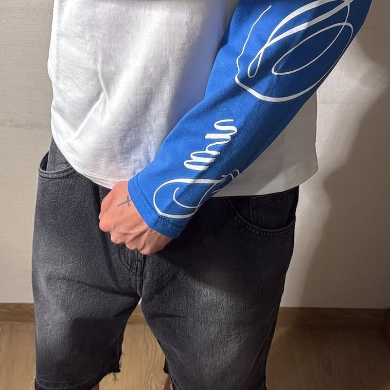 Европейский и американский мужской свободный повседневный топ с круглым вырезом, длинными рукавами и принтом букв, в стиле колор-блок