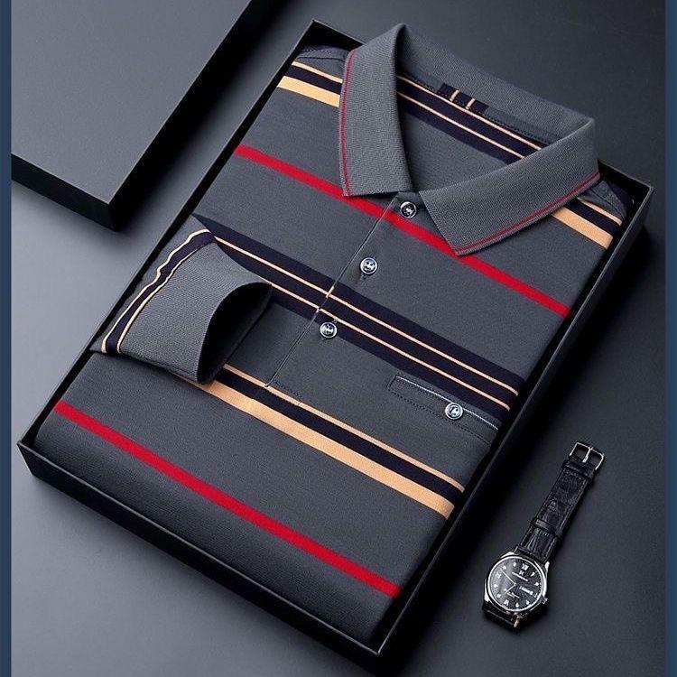 Men's Autumn Striped Long-Sleeve Collared Shirt - Loose Fit for Middle-Aged & Elderly