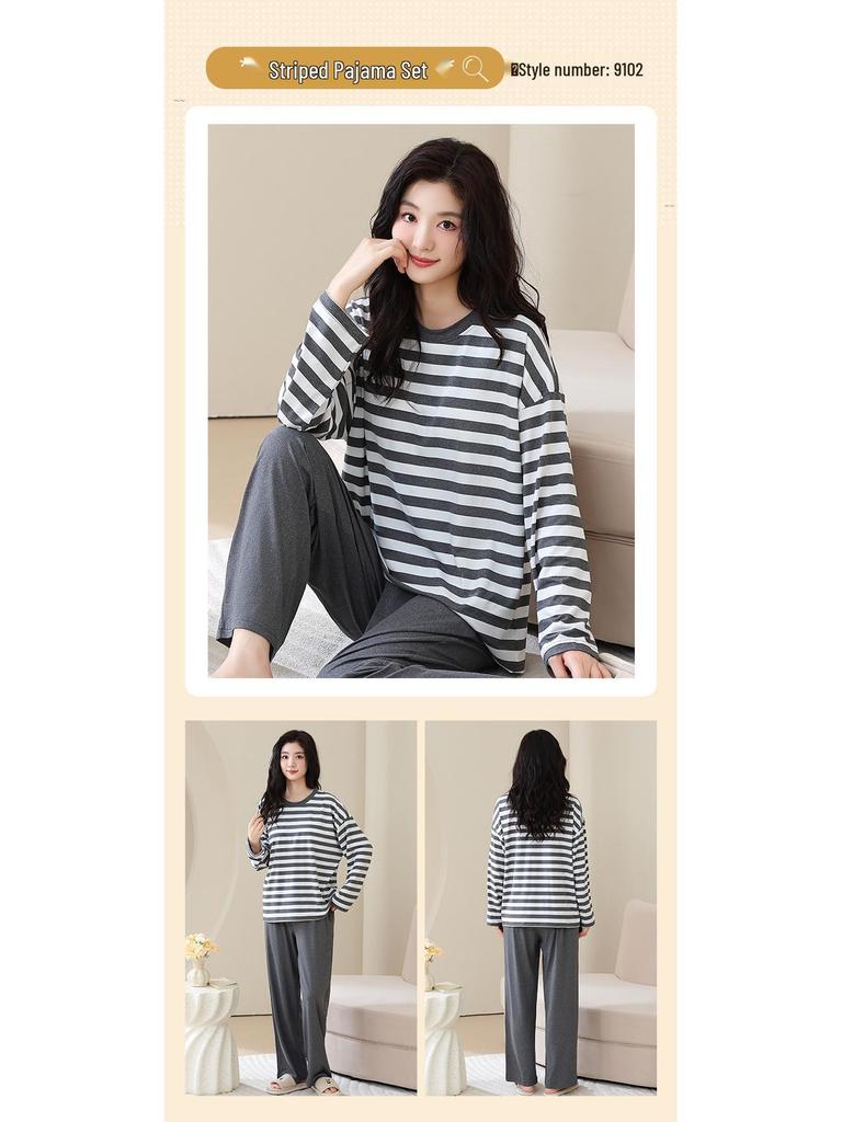Женская осенняя пижама с круглым вырезом, в полоску, с длинным рукавом и нагрудными вкладышами - Повседневный комплект больших размеров для дома и улицы