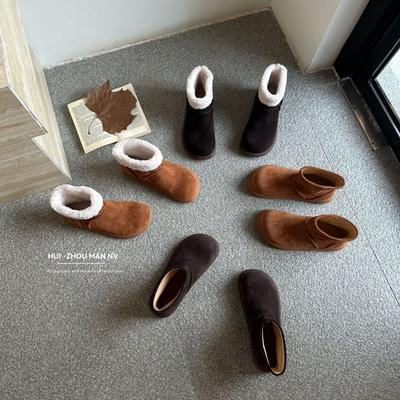 Первый слой коровьей кожи~ толстая подошва уродливые милые хлебные биркенштоки короткие ботинки женские ретро однопедальные дутики короткие хлопковые ботинки