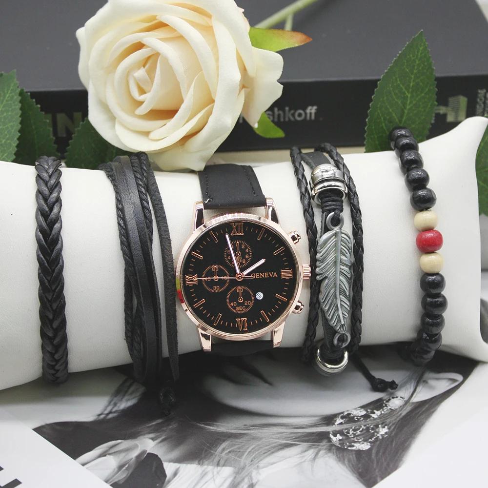 Набор из 5 предметов, мужские роскошные часы, итальянский браслет с подвесками, мужской браслет, в комплект входит коробка, роскошный кожаный ремешок для спорта и путешествий на открытом воздухе