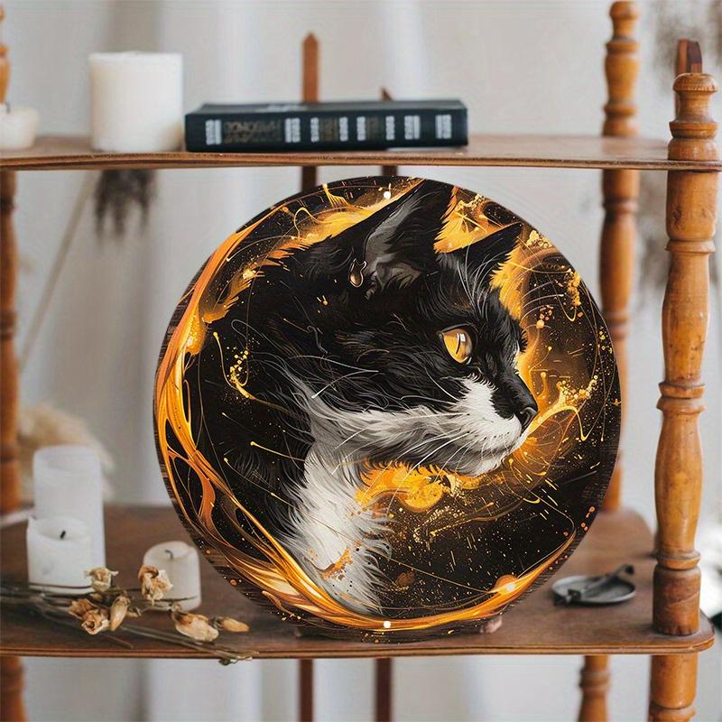 Black and White Cat with Yellow Eyes, Round Wooden Wall Sign, Durable, Protected, Outdoor and Indoor Decor, 8x8 In, 1PC