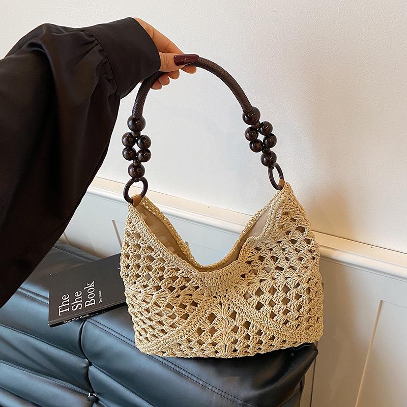Large Capacity Hollow Beaded Straw Woven Single Shoulder Tote Beach Bag
