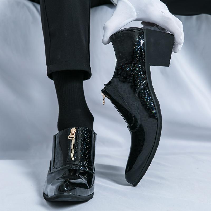 Thick Heel Men's Pointed Toe Casual Leather Shoes Male Trend High Heel Heightened Shoe Nightclub Trend Leather Heightening Shoes