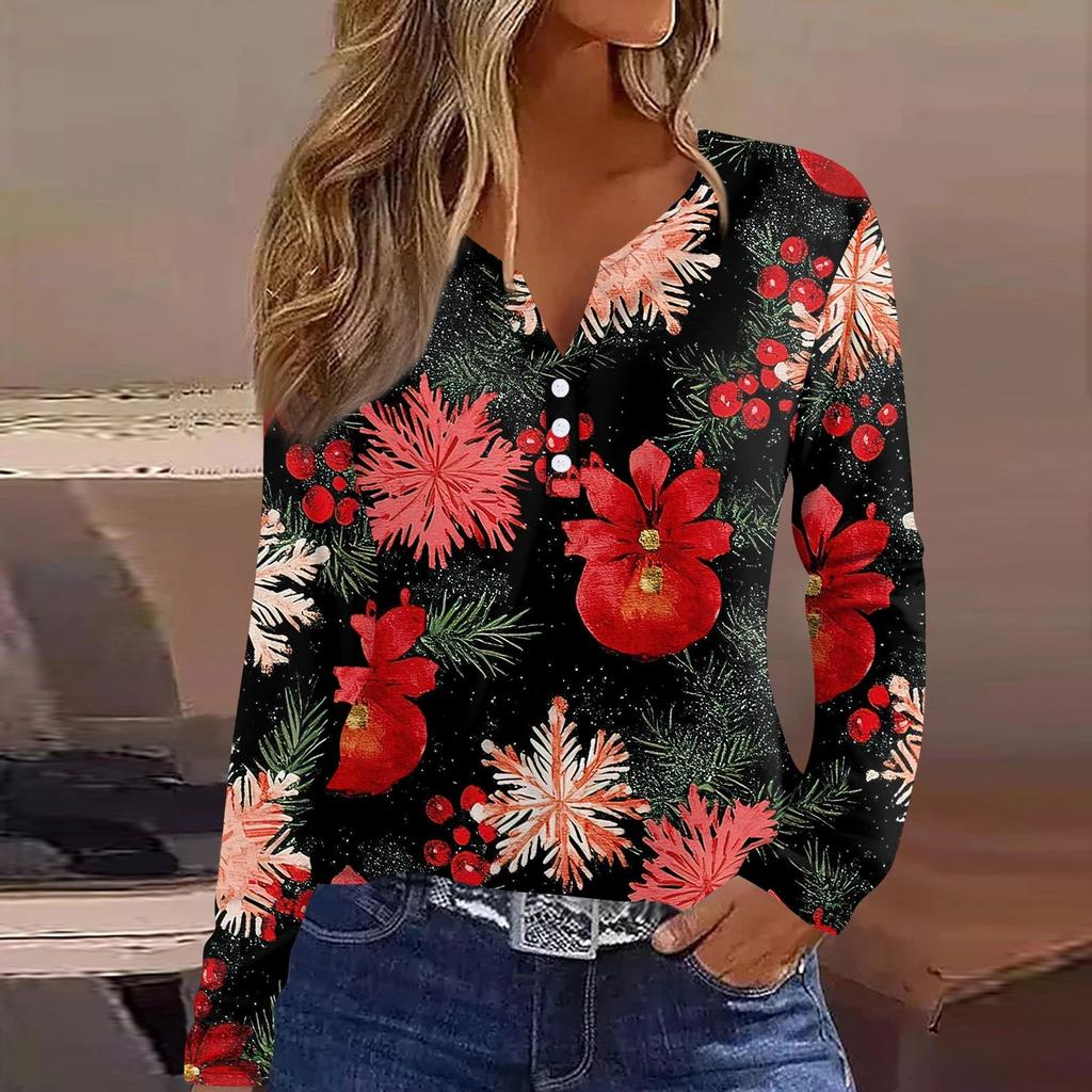 Женская футболка с рождественским принтом на пуговицах с длинным рукавом, повседневная, выходного дня, модная, базовая, с V-образным вырезом, обычная