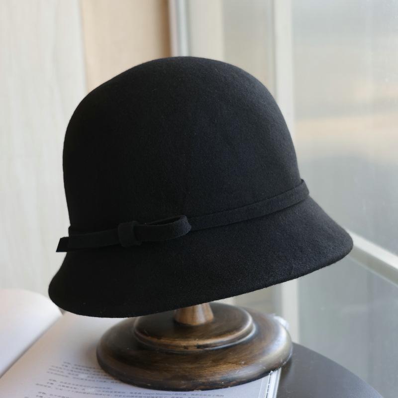 Mu Ling, the Republic of China daughter bow white woolen top hat Hepburn French elegant autumn and winter fisherman basin hat woman