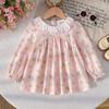 Girls Pink Floral Long Sleeve Blouse Ruffle Neckline Toddler 2-6 Years Kids Autumn Cute Clothing