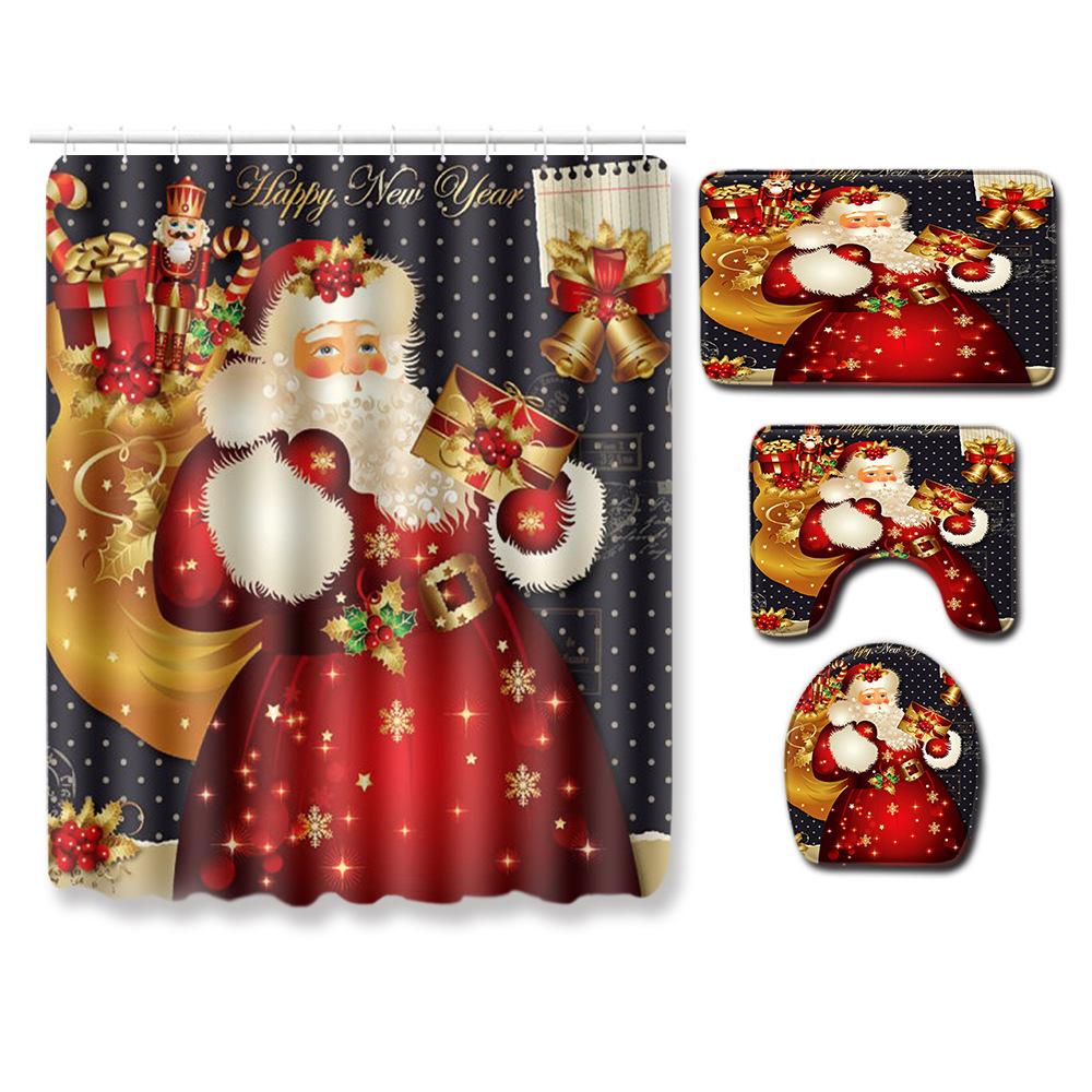 Christmas Shower Curtain Floor Mat Combination Four-Piece Set Bathroom Toilet Carpet Shower Room Mat Foot Mat