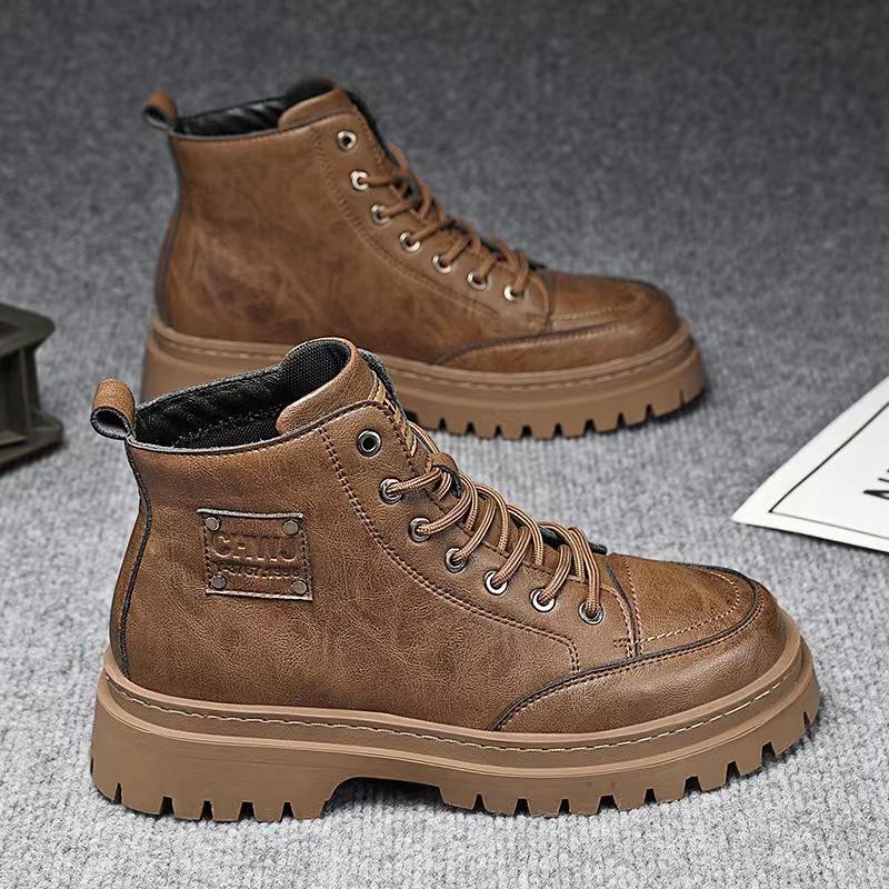 Модная мужская мотоциклетная обувь Модные высокие повседневные ботинки Британский стиль Короткие кожаные ботинки для мужчин Ботинки на шнуровке на платформе Botas Hombre