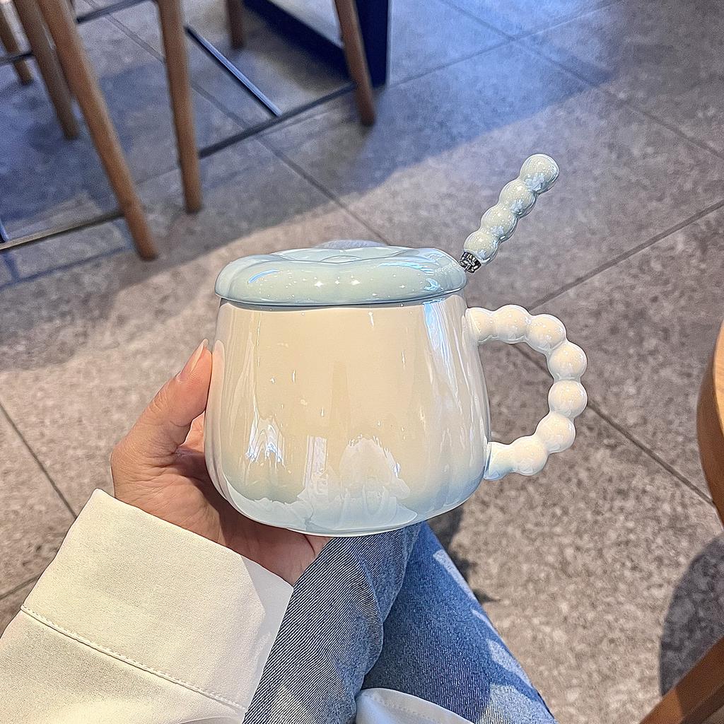 High Value Pearlescent Mug with Lid Spoon Ceramic Cup for Girls Niche Couples Water Cup Office Coffee Cup