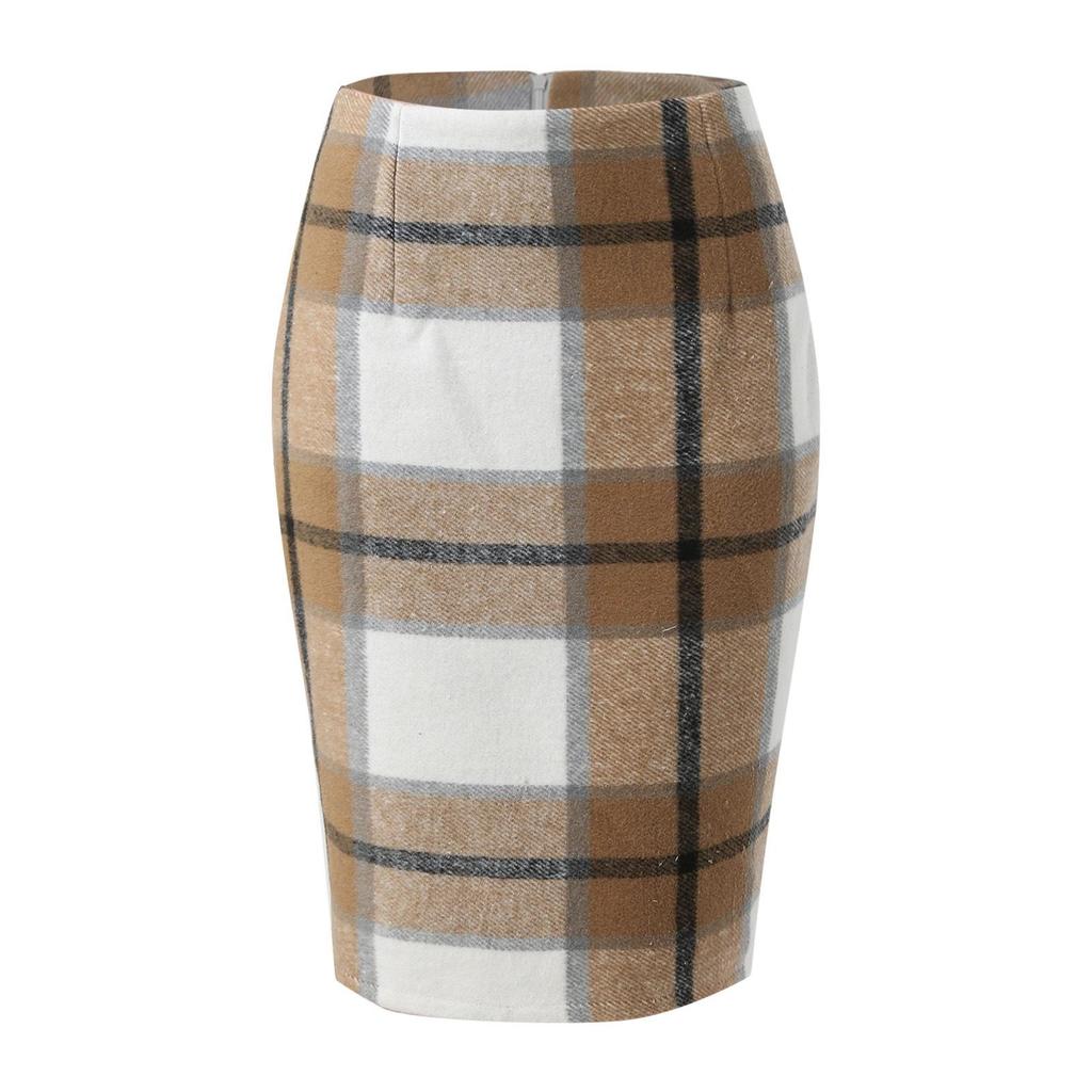 High-Waisted Women's Plaid Pencil Skirt - Knee-Length Wool Skirt for Autumn and Winter
