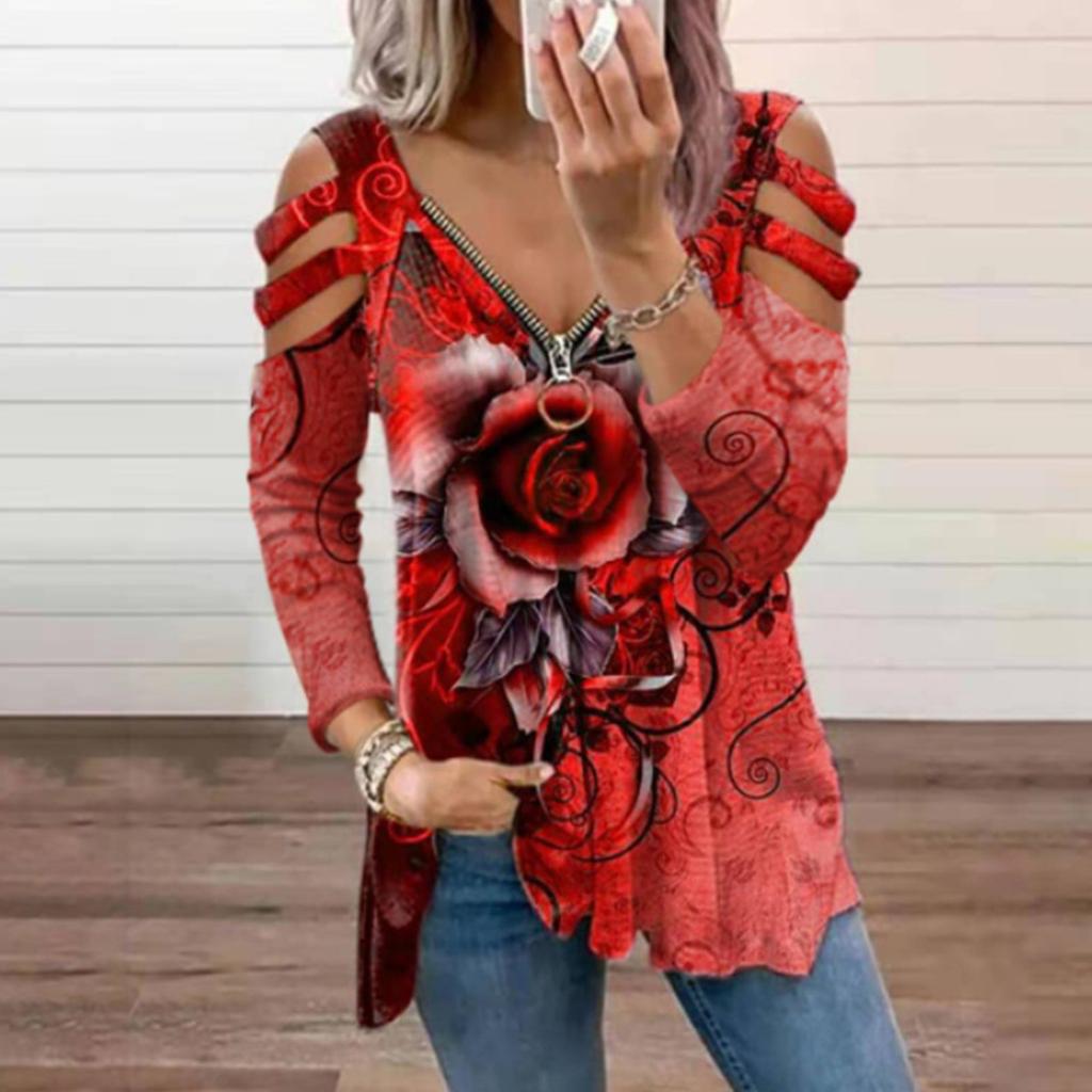 Модная женская повседневная футболка со свободным воротником на молнии с v-образным вырезом и принтом розы и длинными рукавами