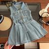 Платье для девочек, летнее детское корейское платье без рукавов, летнее платье принцессы, джинсовое платье