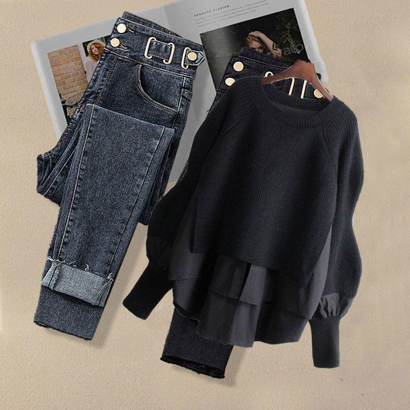 Женский комплект из двух предметов Four Seasons Plus Size Slim с круглым вырезом и свободными тонкими брюками