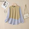 Women Casual Round Neck Stripe Splice Long Sleeve Autumn Blouse