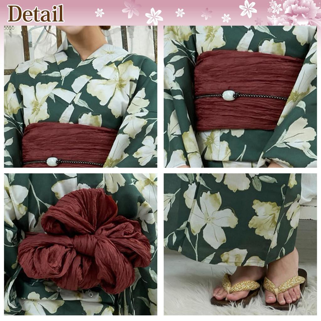 RAVIR Юката Глубокий Бежевый с Цветочным Классический Японский Пушистый Оби и Гэта Один Размер Подходит Всем Женский Комплект из 3 Предметов, Принт, Стиль, Пояс, Сандалии, Зеленый,
