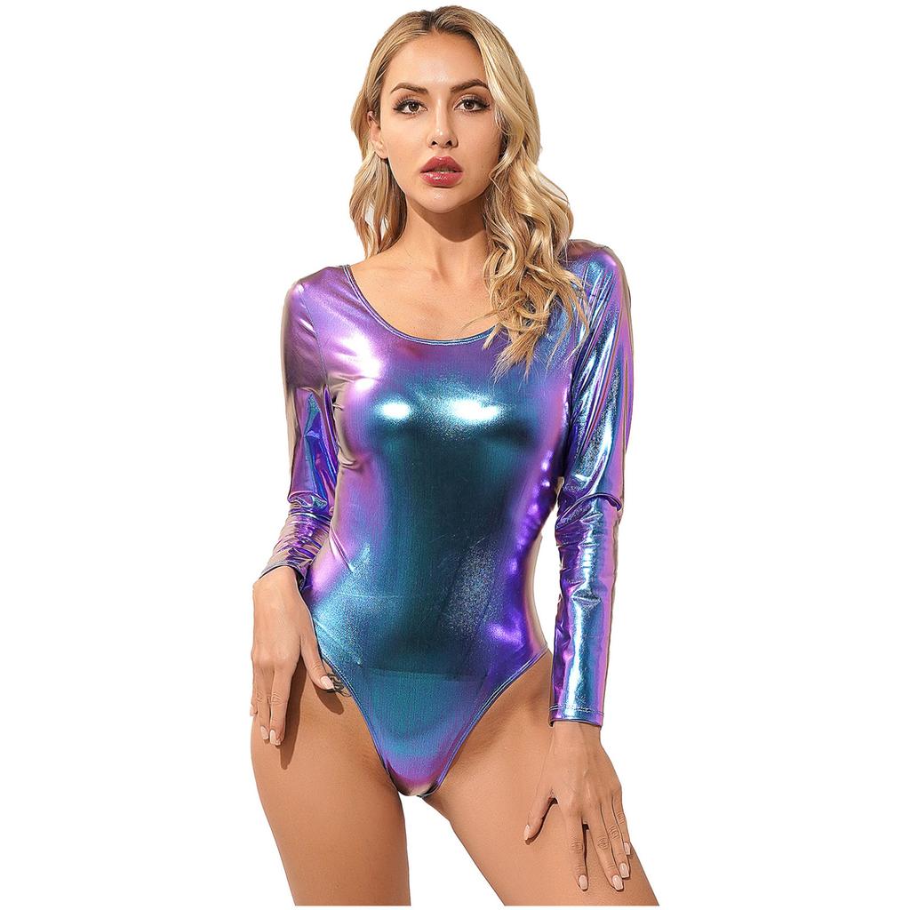 Womens Long Sleeve Shiny Metallic Gymnastics Dance Leotard Stage Performance Jumpsuit