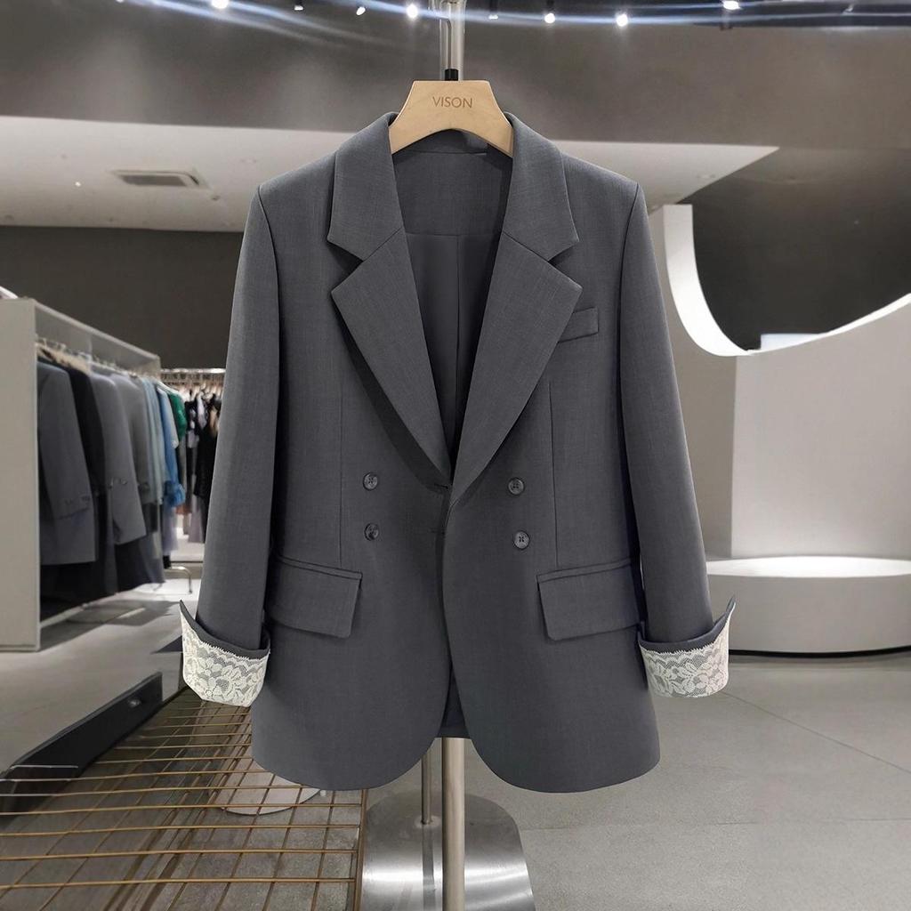 Серый женский пиджак высокого качества с кружевными манжетами, весна/осень 2025, стиль интернет-знаменитости