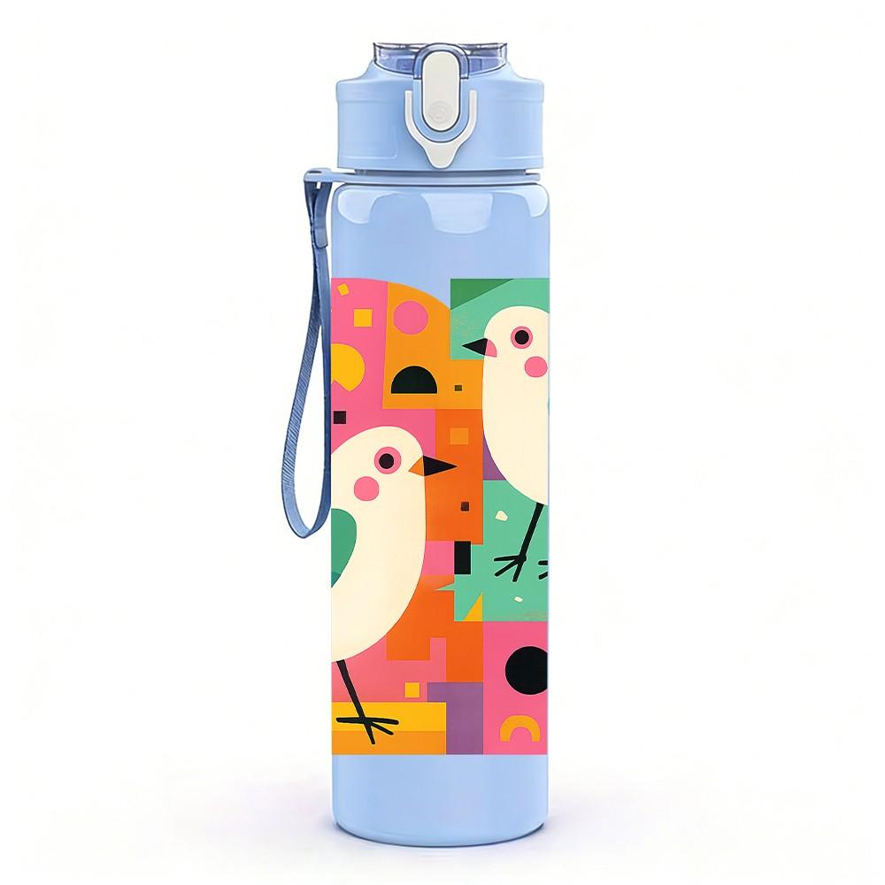 1PC Abstract Color Block Bird Couple 750ml Color Plastic Sports Water Bottle Leakproof Flip Straw Lid Suitable for Sports Office Home Use